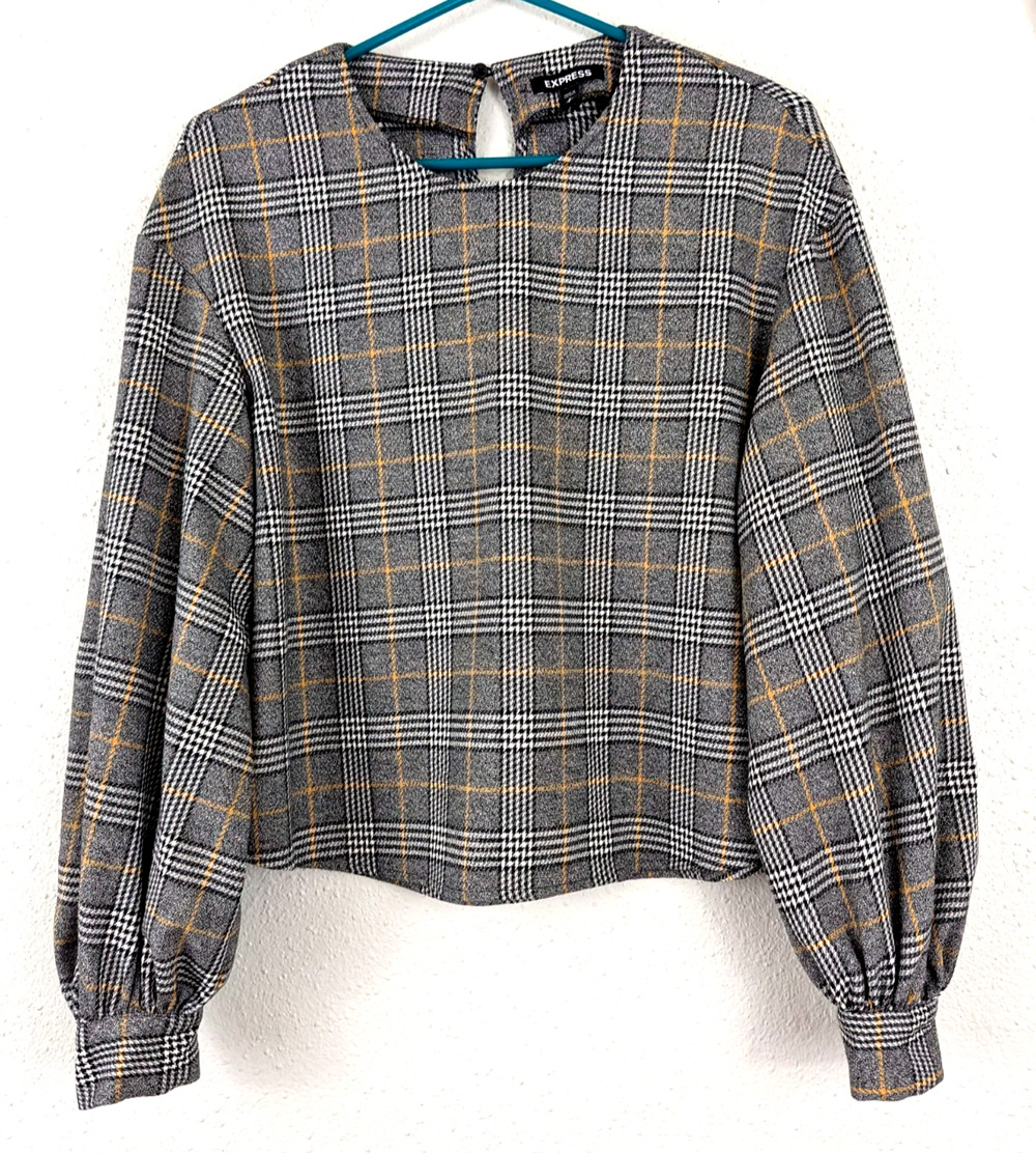 Express sz S Plaid Blouse relaxed balloon sleeves shirt black white yellow 1231
